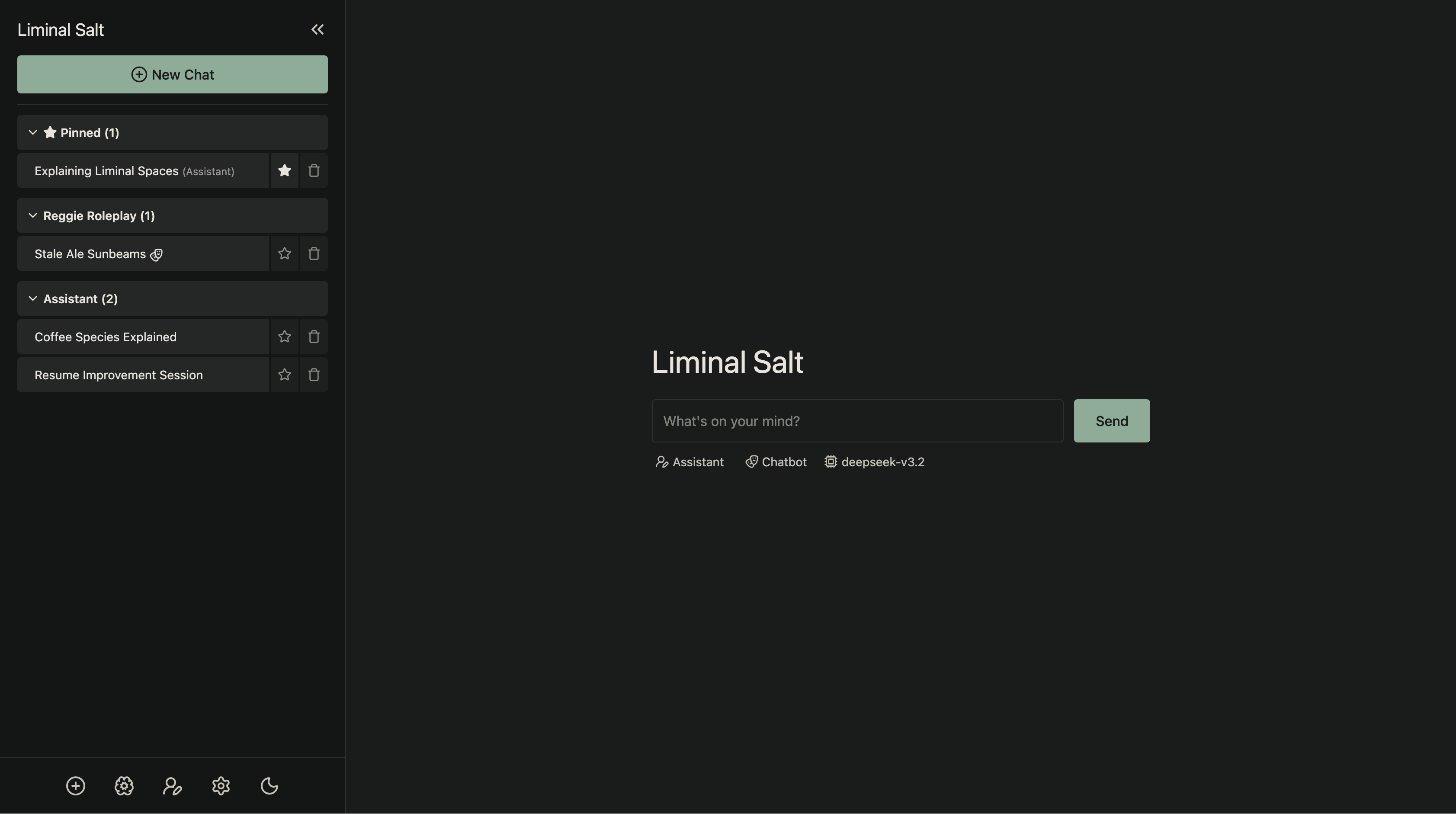 Liminal Salt main interface — sidebar with pinned and grouped chat sessions, central input field